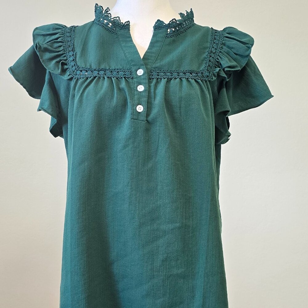 Green Lace Trim Ruffle Sleeve Blouse | Women’s XL